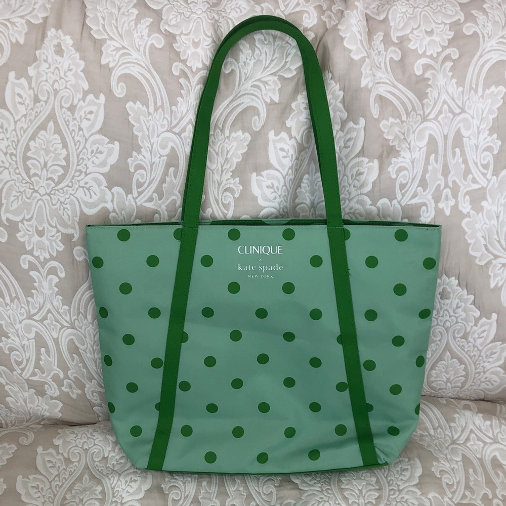 Clinique x Kate Spade Green Polka Dots with Silver Print Tote Bag 16"x12"x4"